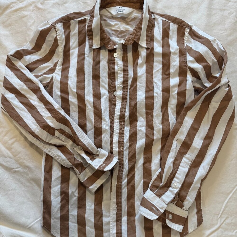 Boys H&M Brown and White Striped Button Down Shirt Size 10
